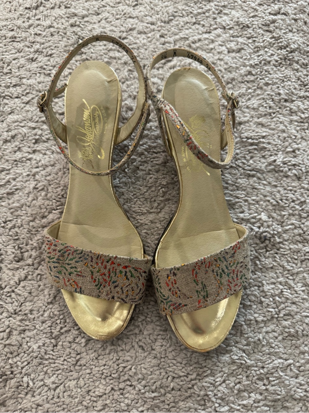 Gold Embroidered Front-Strap Sandals with Ankle Strap